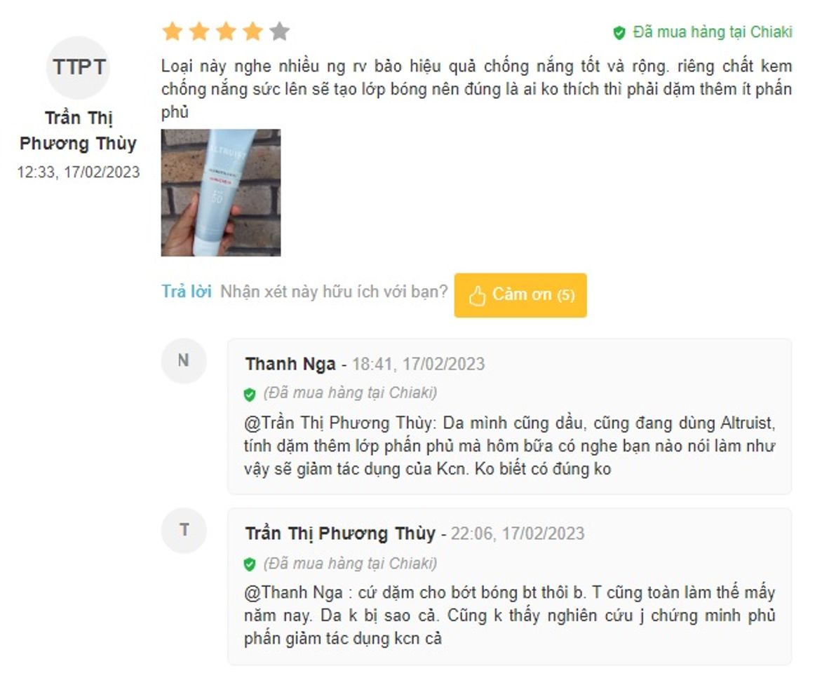 Cảm nhận của người d&ugrave;ng khi sử dụng c&aacute;c d&ograve;ng kem chống nắng Altruist