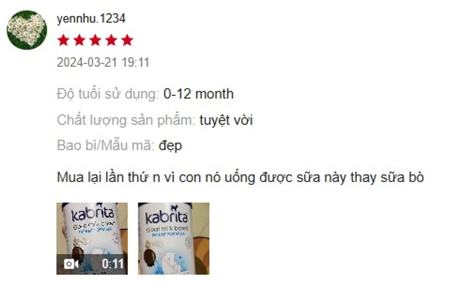Nhận xét sữa dê Kabrita 1 từ khách hàng