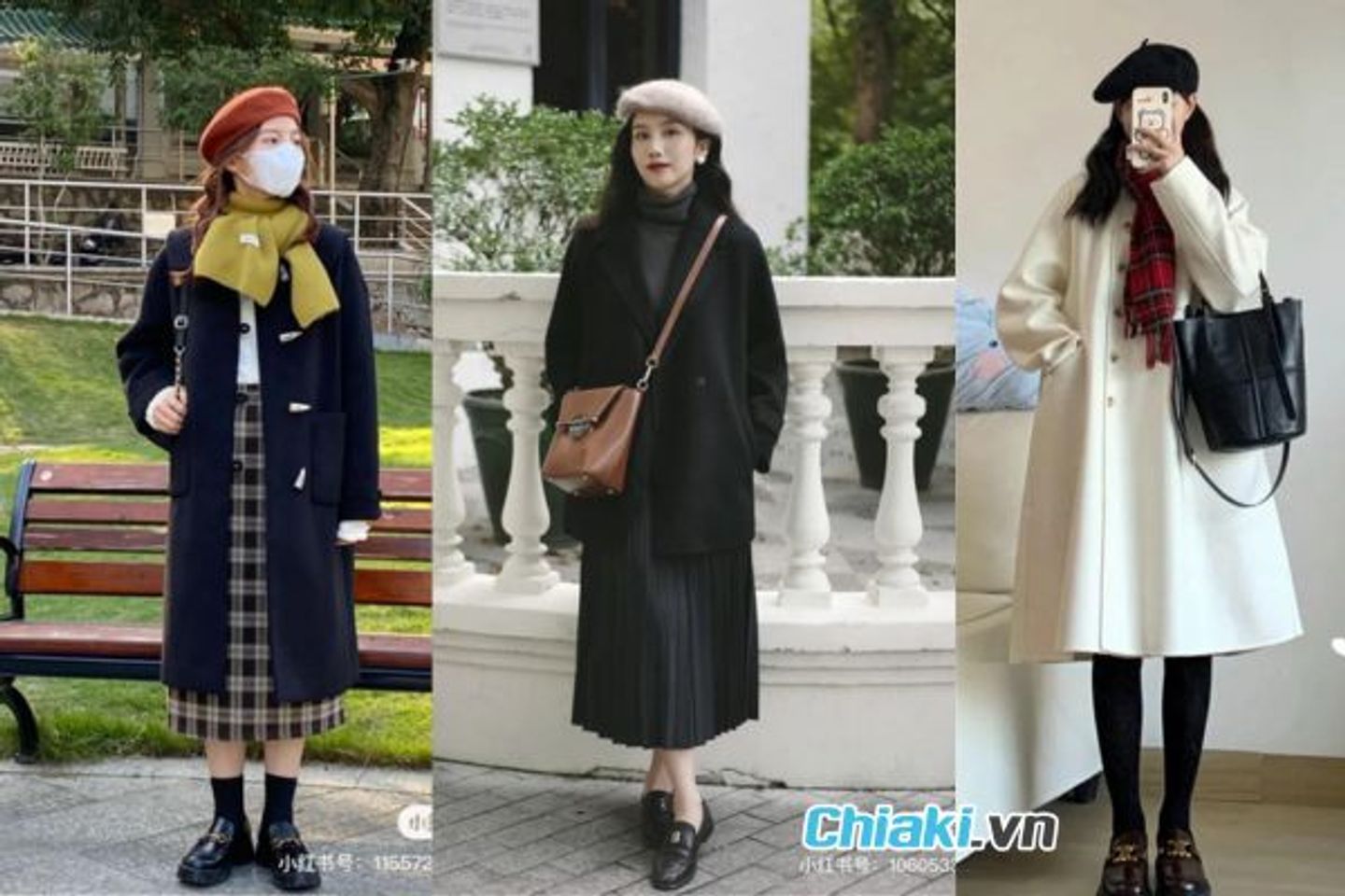 &Aacute;o kho&aacute;c dạ + quần tất + gi&agrave;y loafer + mũ nồi
