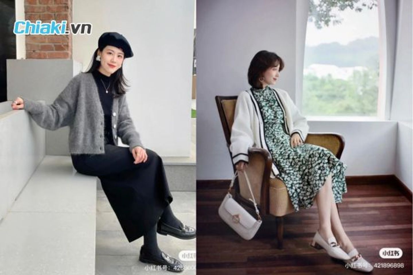 &Aacute;o len cardigan + đầm su&ocirc;ng + gi&agrave;y loafer