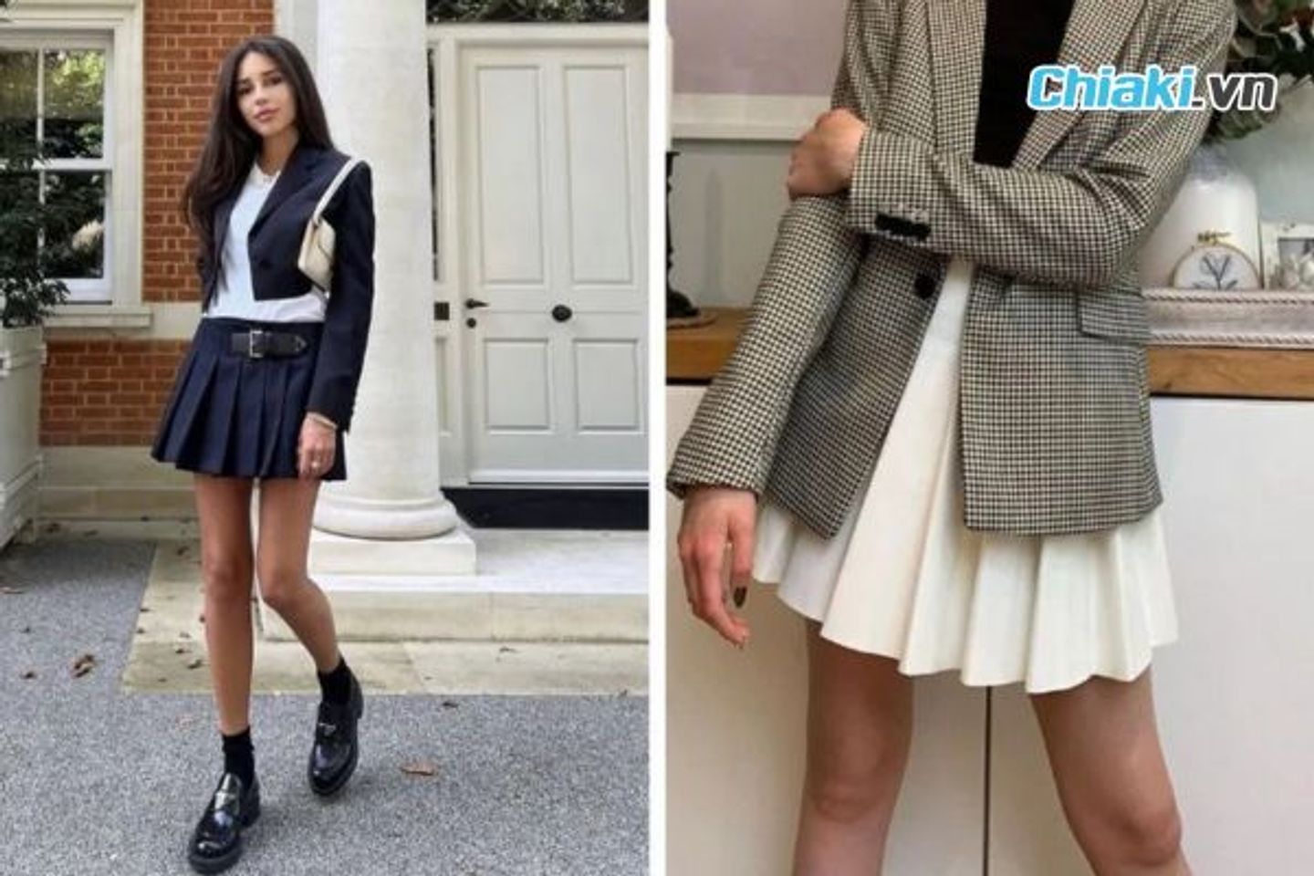 &Aacute;o sơ mi + blazer + ch&acirc;n v&aacute;y tennis + gi&agrave;y loafer