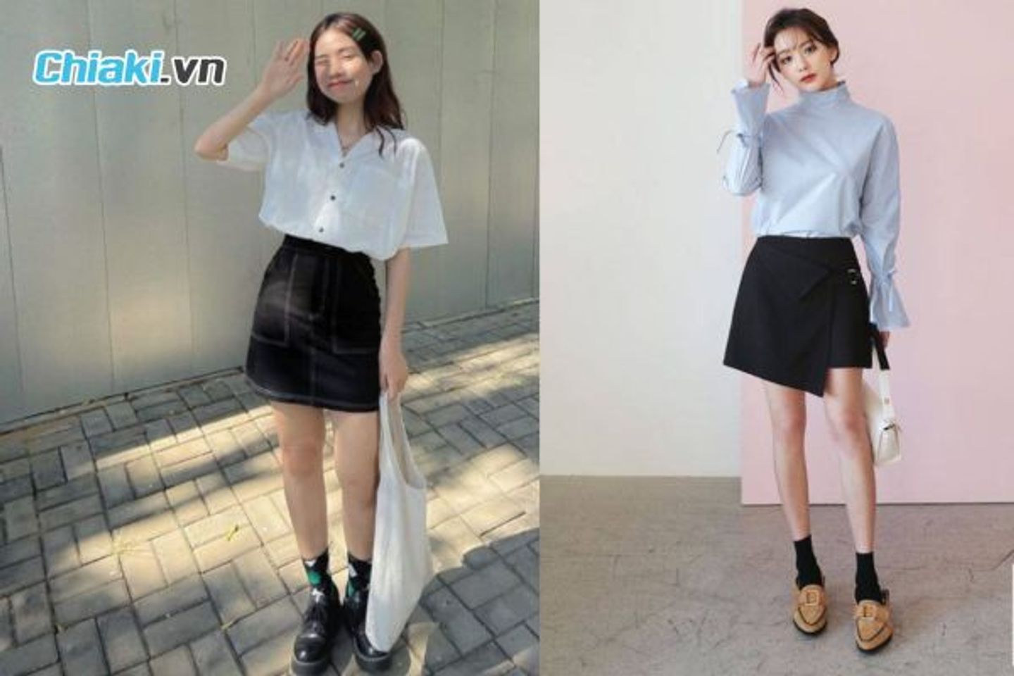 &Aacute;o sơ mi + ch&acirc;n v&aacute;y chữ A ngắn