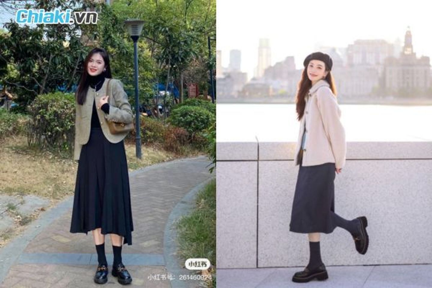 Gi&agrave;y loafer + kho&aacute;c dạ tweed + ch&acirc;n v&aacute;y xếp ly d&agrave;i