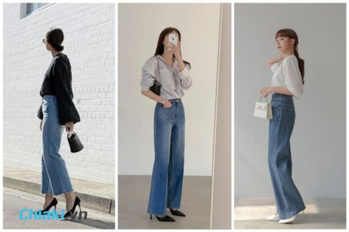 Quần Jean ống rộng kết hợp với gi&agrave;y cao g&oacute;t