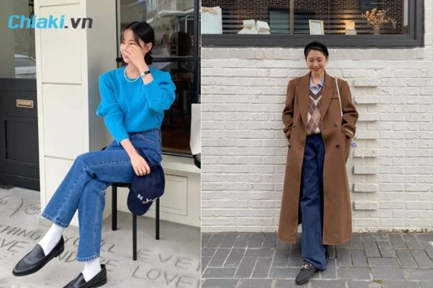 Quần Jean ống rộng kết hợp với gi&agrave;y lười