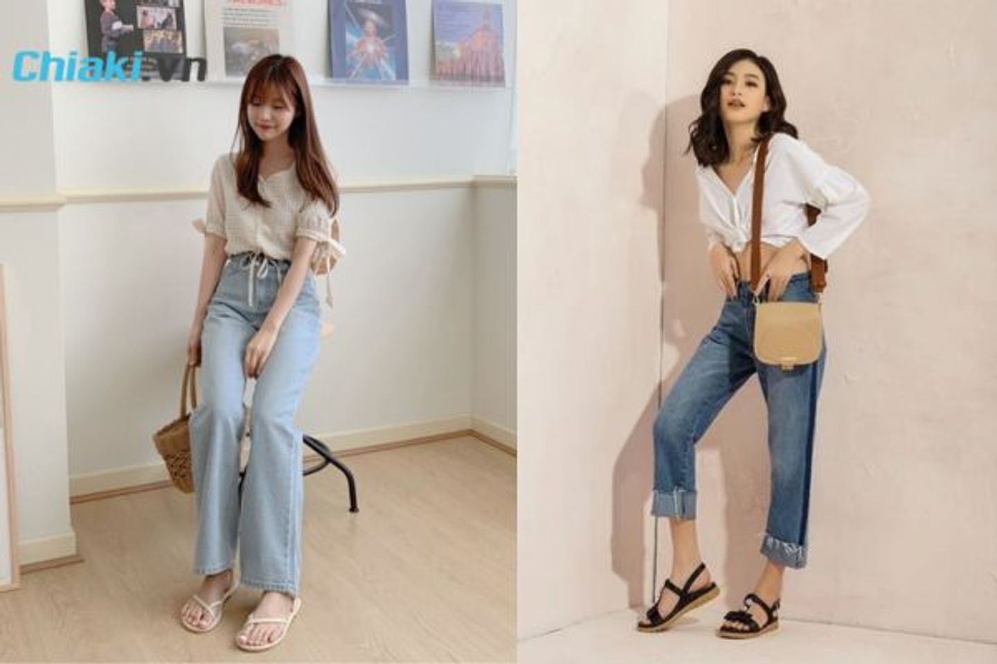 Quần Jean ống rộng kết hợp với gi&agrave;y Sandal