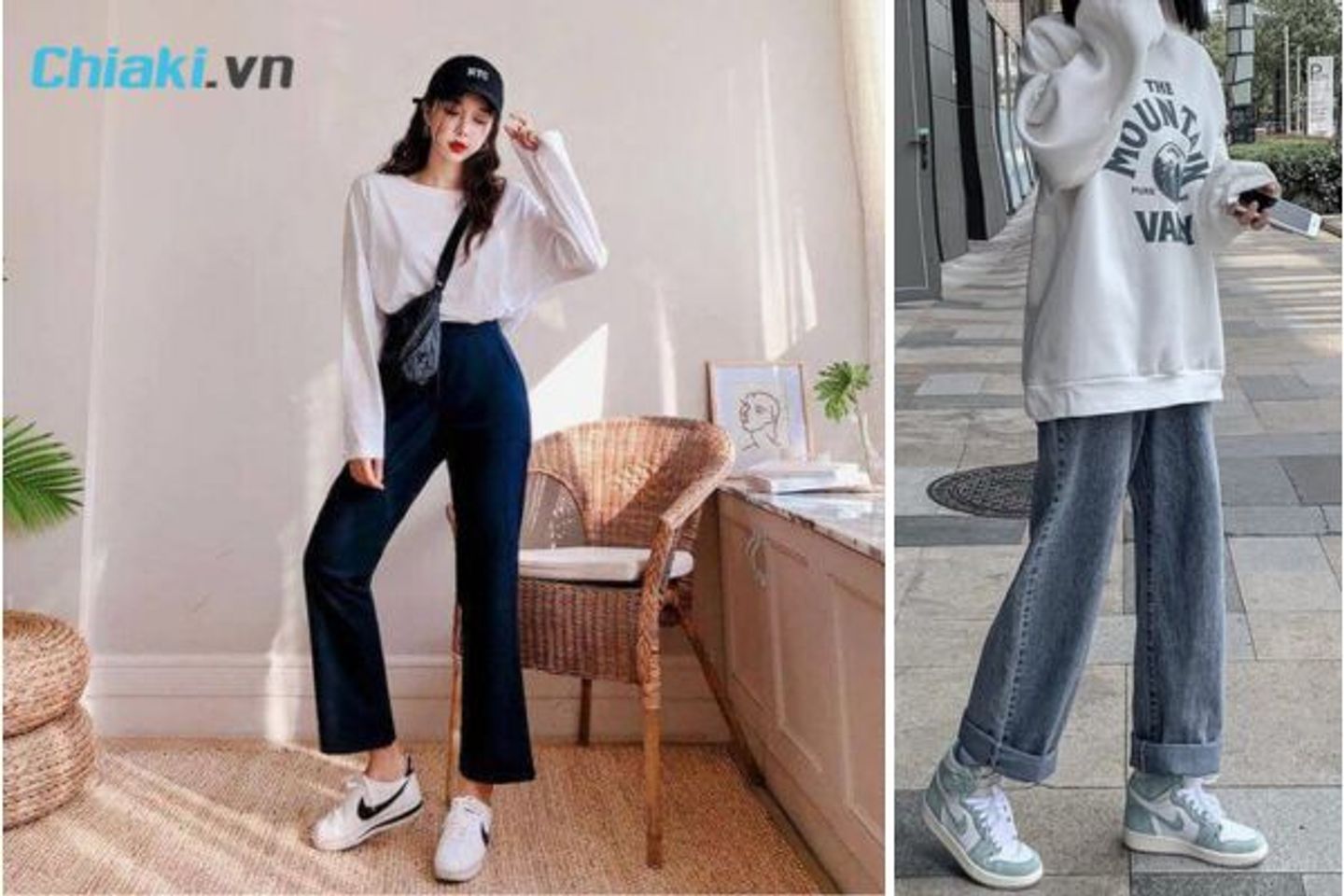 Quần Jean ống rộng kết hợp với gi&agrave;y Sneaker