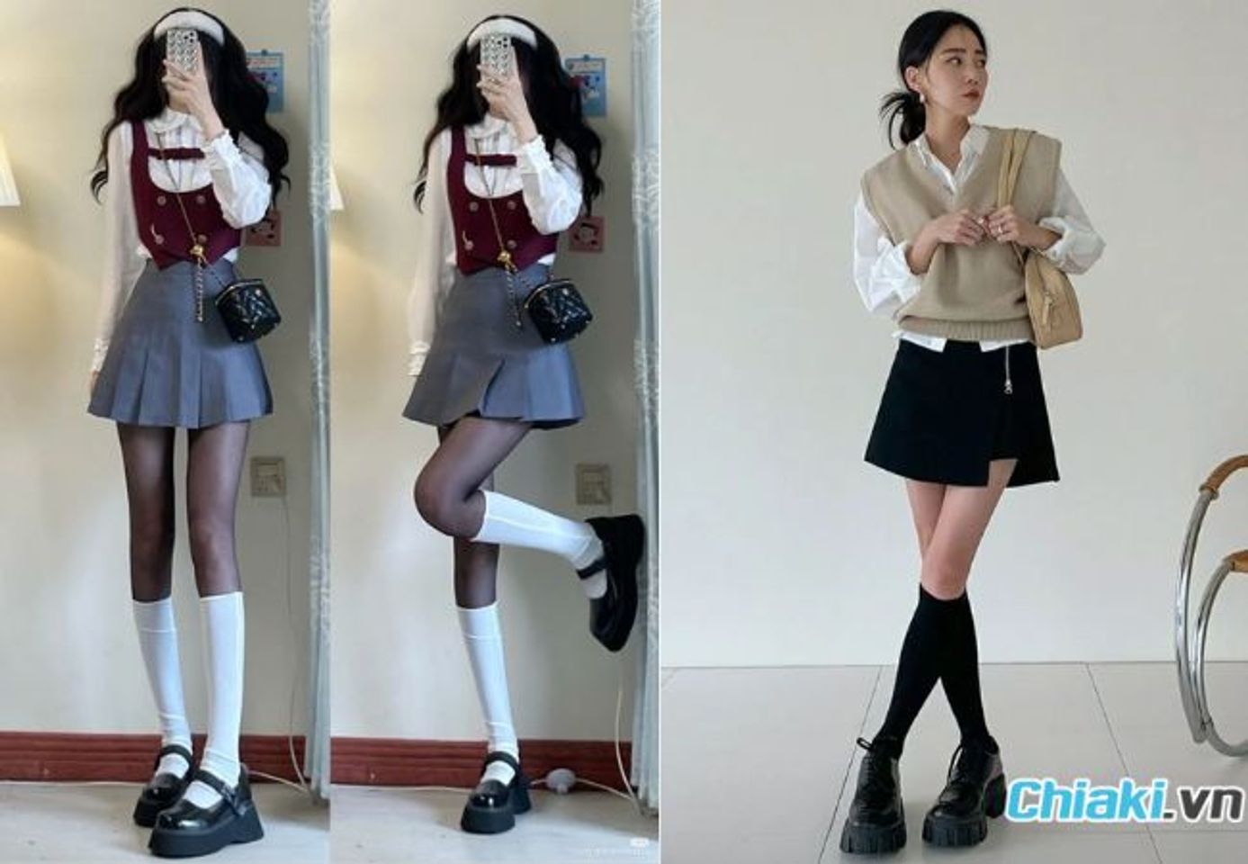 Áo len Gile ph&ocirc;́i cùng ch&acirc;n váy và giày lười c&aacute; t&iacute;nh, trẻ trung