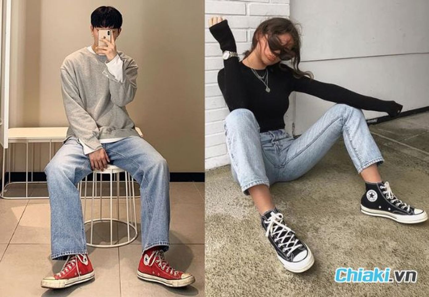 &Aacute;o d&agrave;i tay v&agrave; quần jean với Converse cổ cao