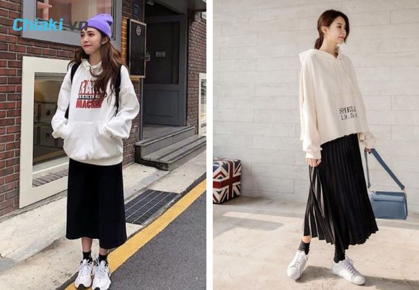 &Aacute;o hoodie mix c&ugrave;ng gi&agrave;y sneaker trắng nữ