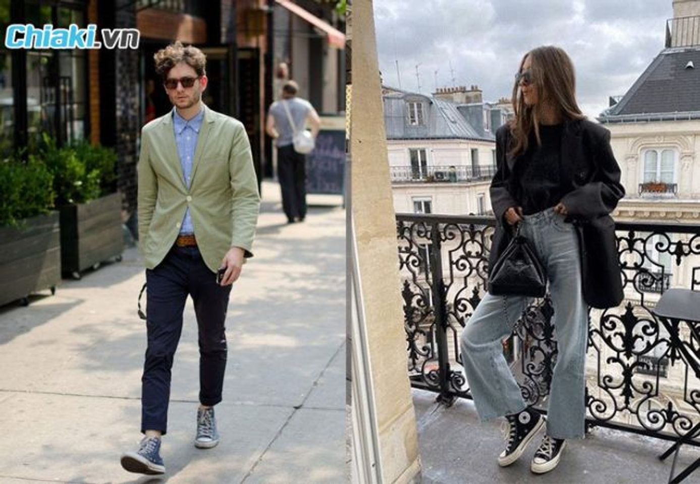 Blazer sơ mi v&agrave; quần jean c&ugrave;ng Converse cổ cao