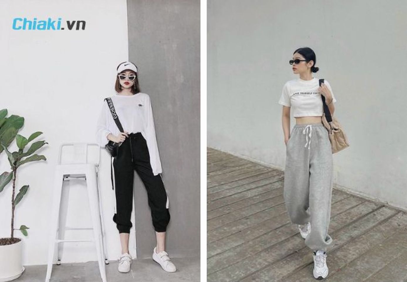 C&aacute; t&iacute;nh với quần jogger c&ugrave;ng gi&agrave;y thể thao nữ trắng