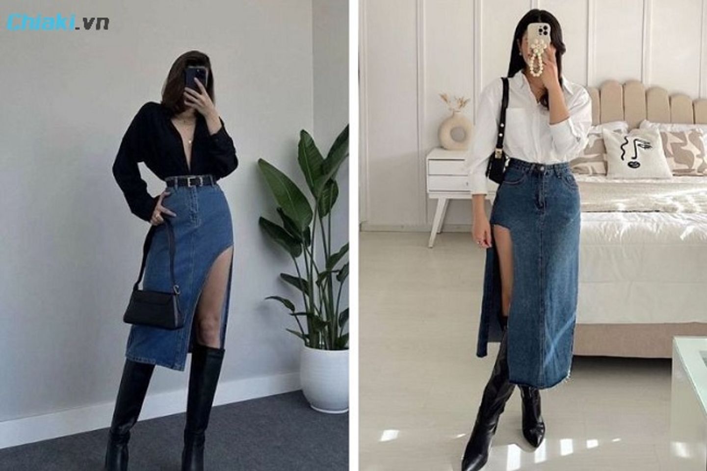 Phối ch&acirc;n v&aacute;y jean d&agrave;i với gi&agrave;y boots cổ cao khiến phong c&aacute;ch tr&ocirc;ng nổi bật hơn