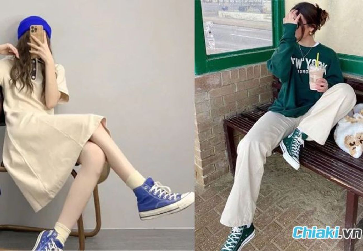 Converse xanh dương v&agrave; xanh l&aacute; phối đồ đẹp, c&aacute; t&iacute;nh