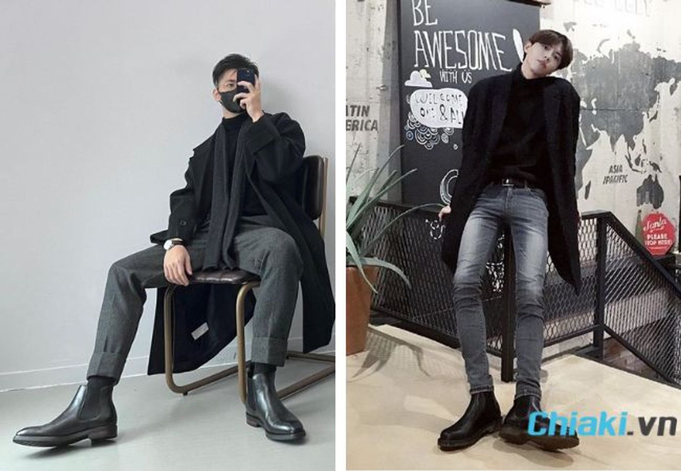 Phối đồ với gi&agrave;y chelsea boots nam v&agrave; &aacute;o kho&aacute;c dạ