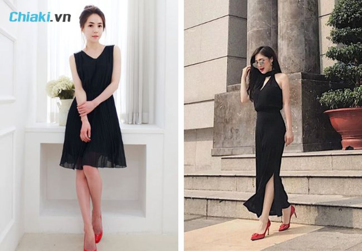 Đầm đen mang gi&agrave;y đỏ nổi bật