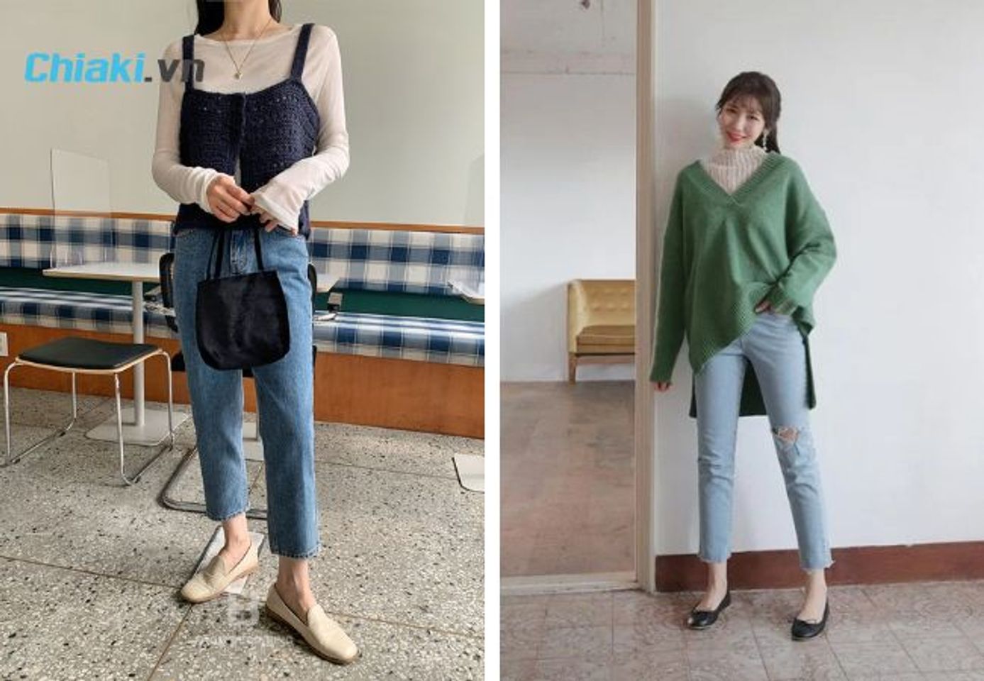 Gi&agrave;y đế bệt phối c&ugrave;ng quần jean nữ