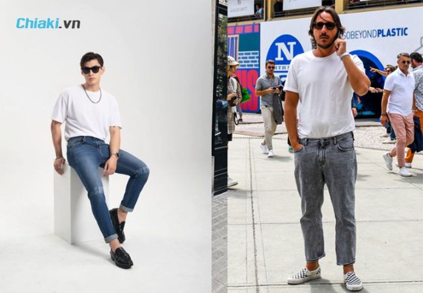 Gi&agrave;y slip on nam phối đồ với quần jean v&agrave; &aacute;o thun khiến diện mạo trẻ trung