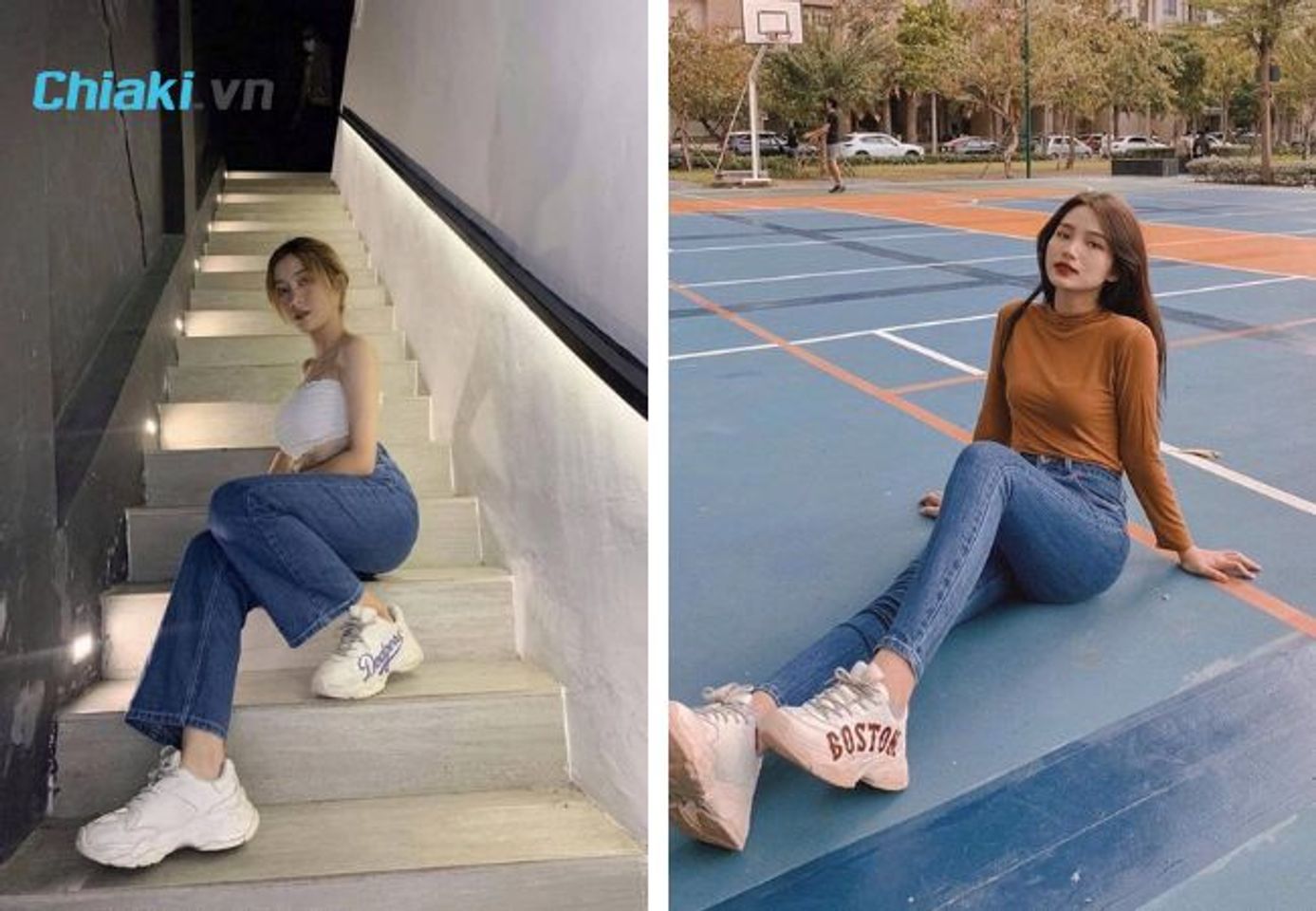 Gi&agrave;y sneaker đế b&aacute;nh m&igrave; phối c&ugrave;ng quần jean nữ