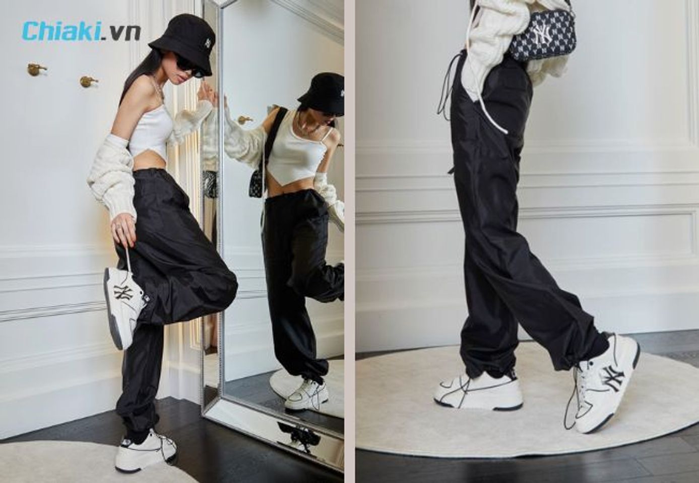 Gi&agrave;y sneaker trắng nữ MLB Chunky Liner Yankees Off White