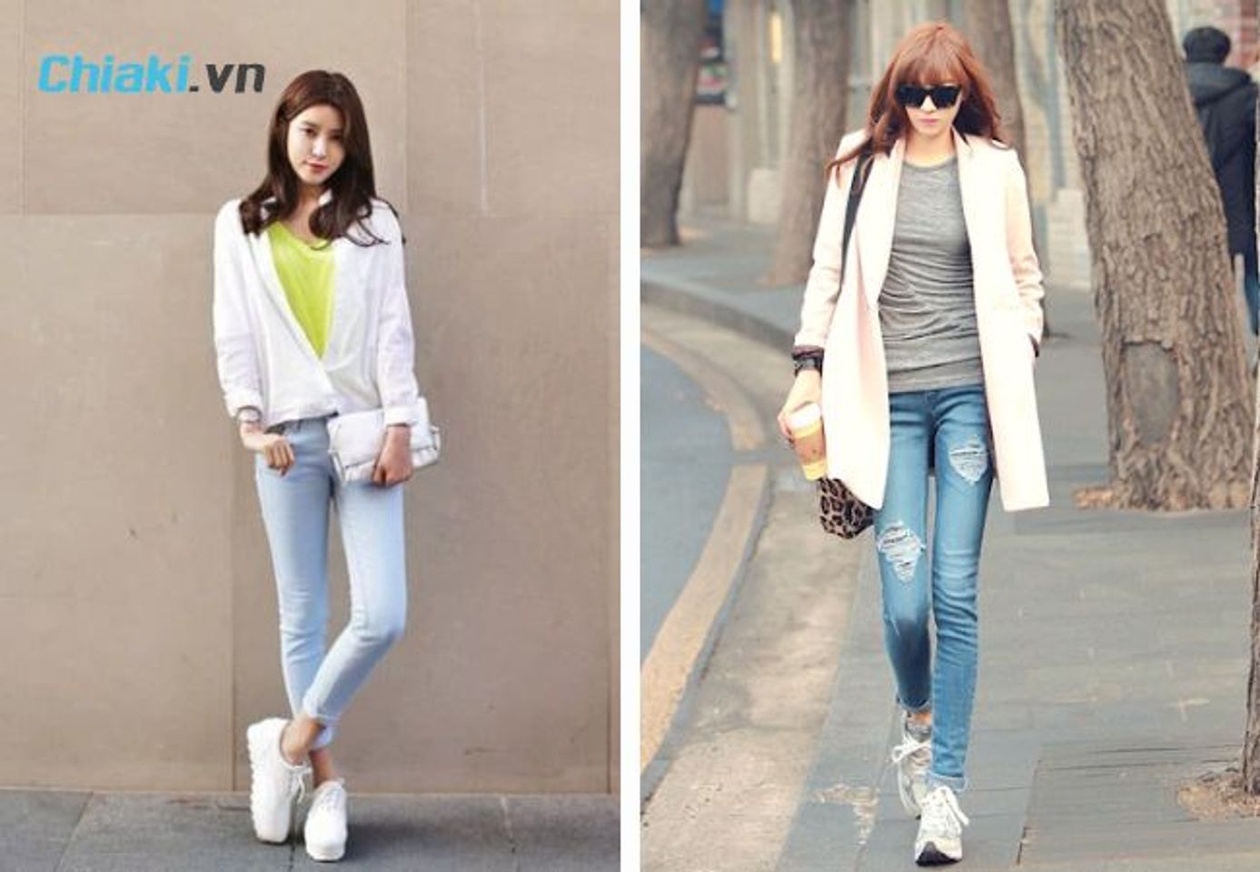 Gi&agrave;y thể thao trắng nữ kết hợp c&ugrave;ng quần jean