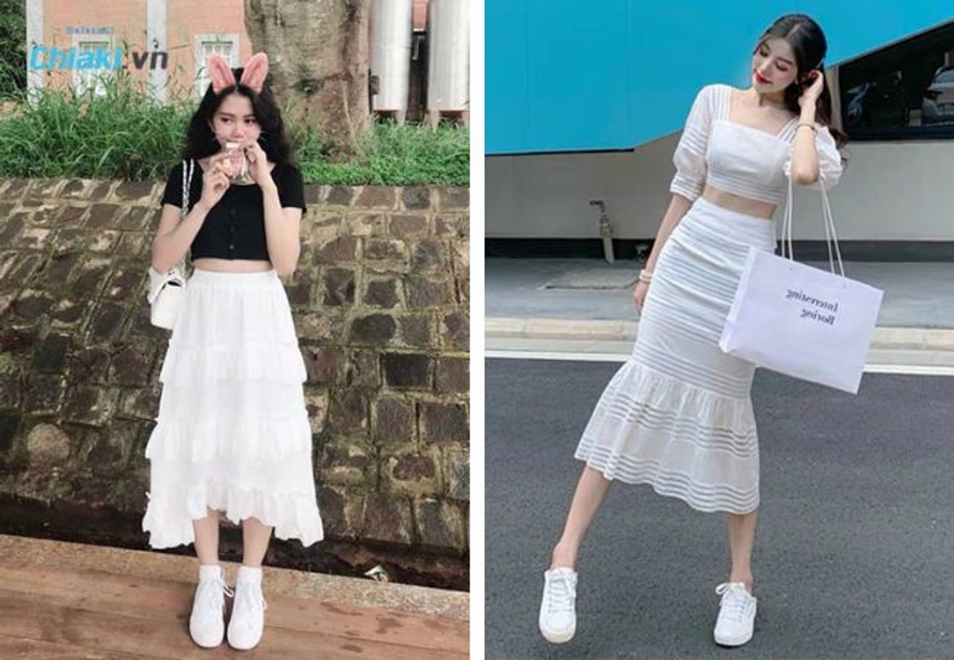 Gi&agrave;y trắng phối c&ugrave;ng &aacute;o croptop v&agrave; ch&acirc;n v&aacute;y