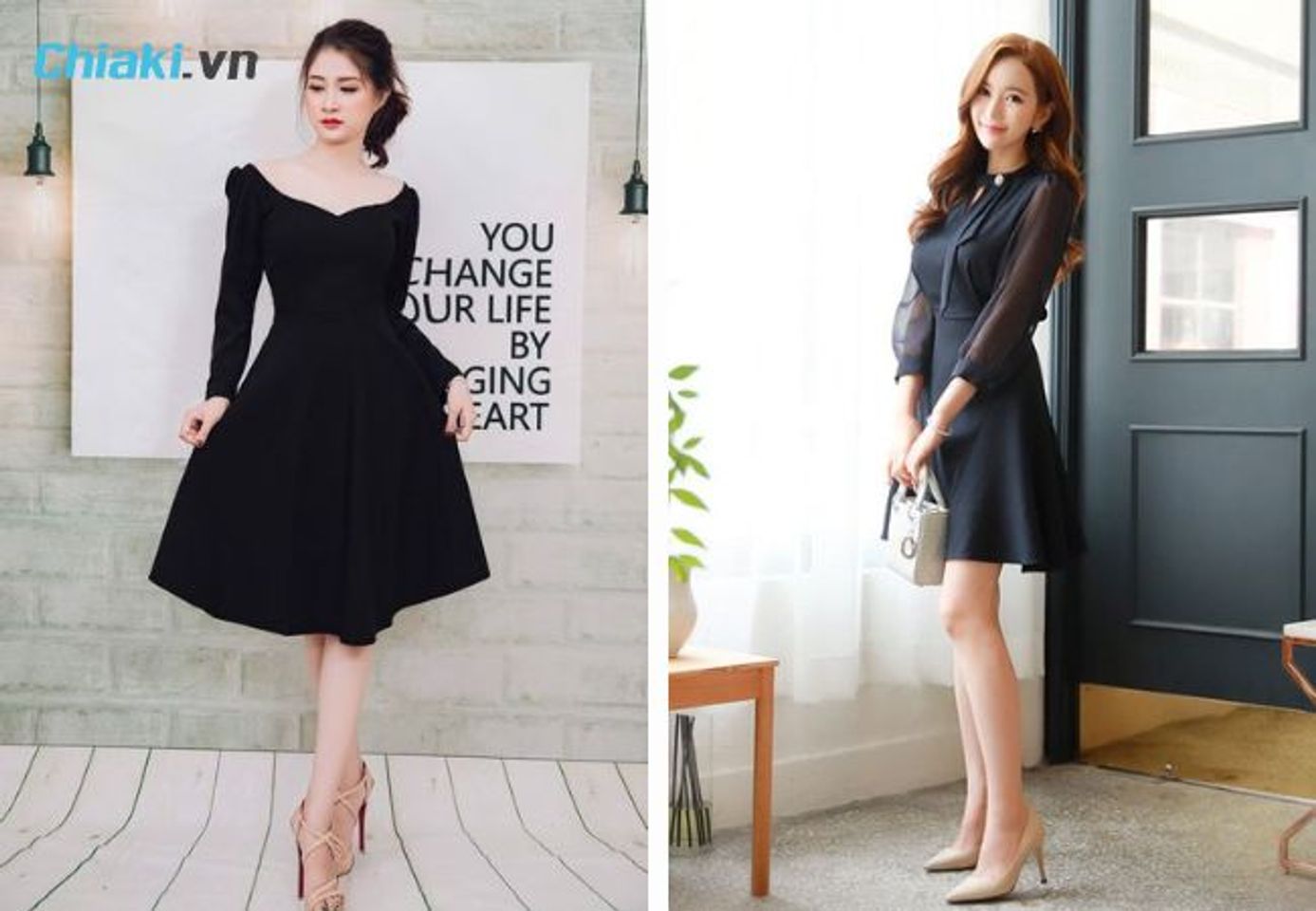 Kết hợp gi&agrave;y m&agrave;u nude c&ugrave;ng đầm đen