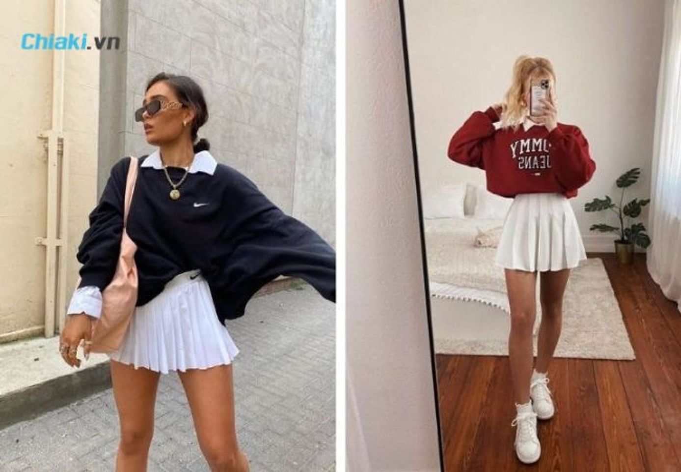 Kết hợp gi&agrave;y trắng c&ugrave;ng &aacute;o Sweater v&agrave; ch&acirc;n v&aacute;y tennis