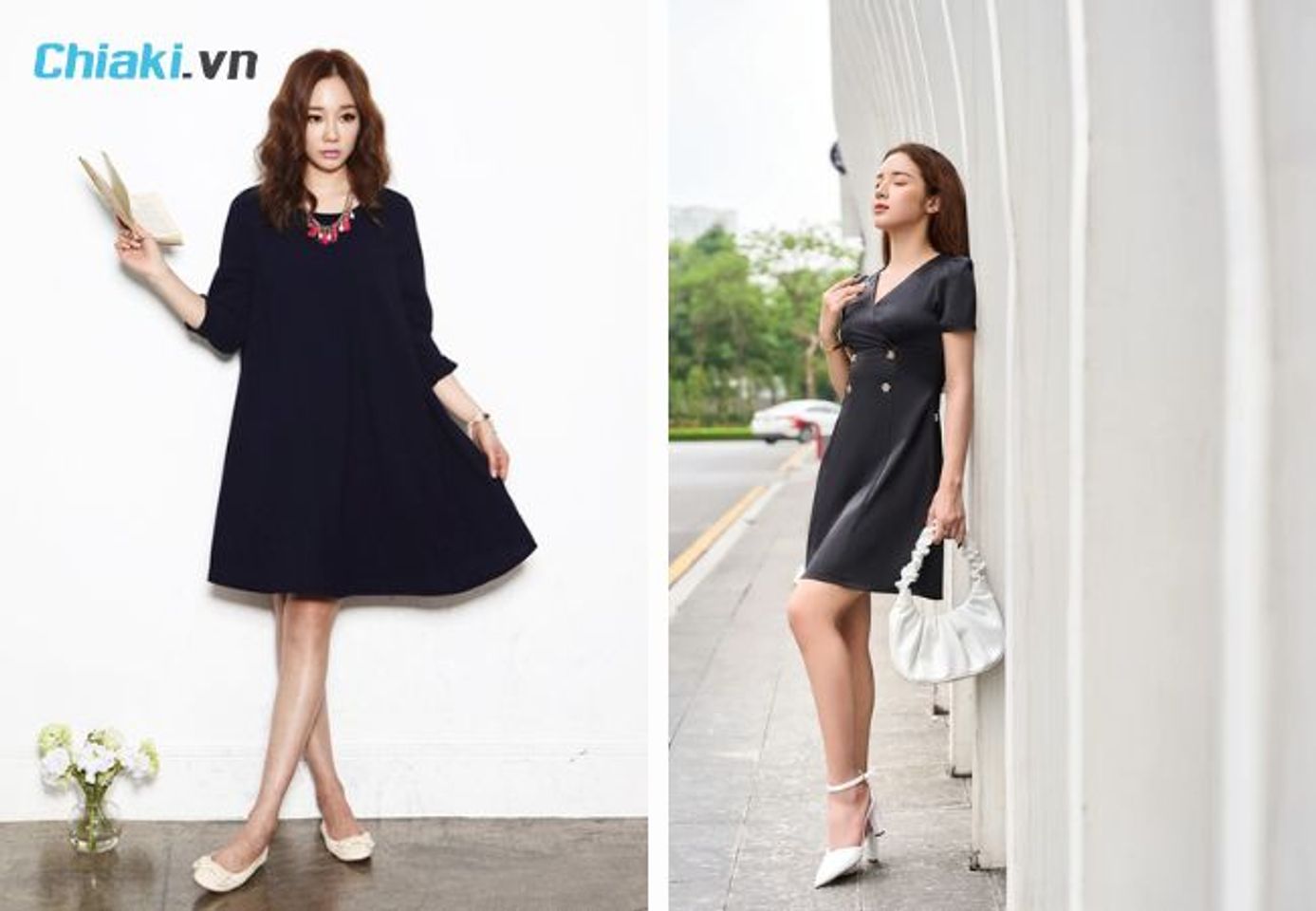 Mặc đầm đen đi gi&agrave;y trắng