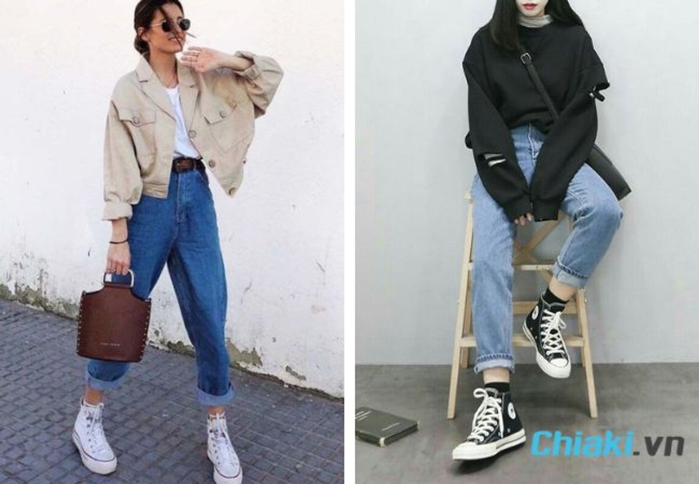 Mặc quần baggy jean đi gi&agrave;y Converse