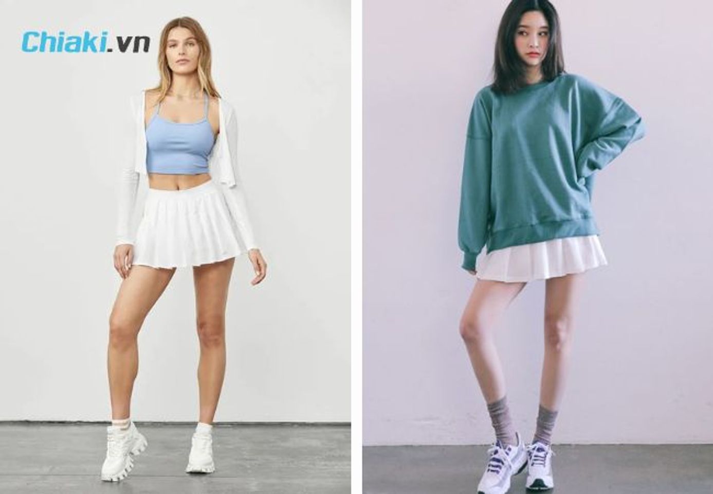 Mix ch&acirc;n v&aacute;y xếp ly ngắn c&ugrave;ng gi&agrave;y thể thao trắng nữ