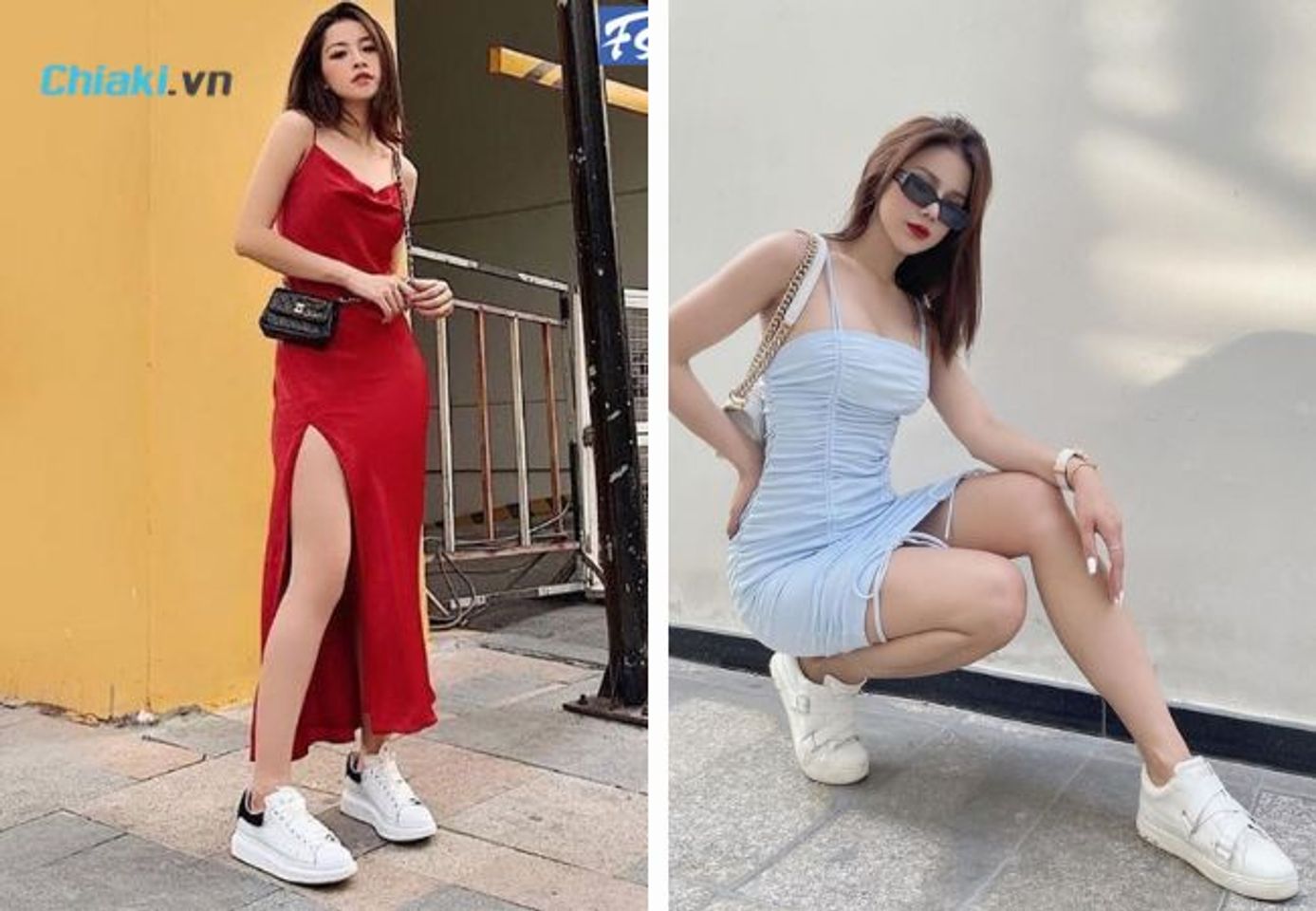 Mix đầm c&ugrave;ng gi&agrave;y trắng nữ