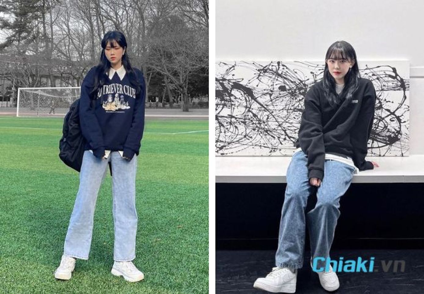 Mix đồ với gi&agrave;y sneaker nữ + quần jeans + &aacute;o hoodie/sweater
