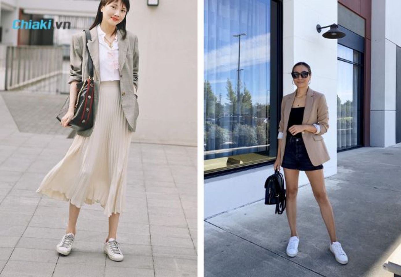 Mix gi&agrave;y trắng nữ c&ugrave;ng &aacute;o blazer v&agrave; ch&acirc;n v&aacute;y