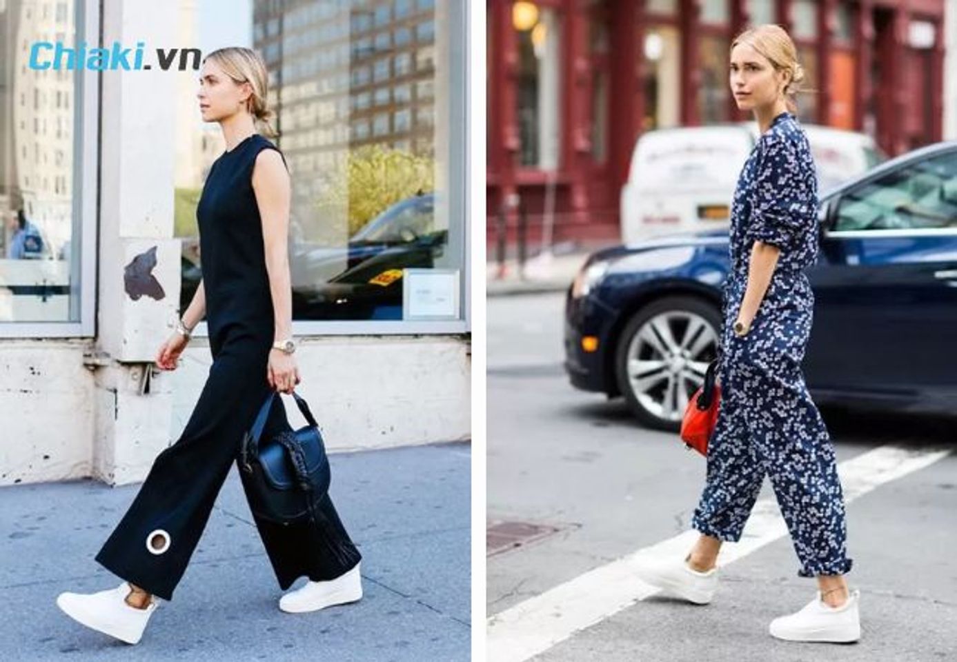 Mix jumpsuit c&ugrave;ng gi&agrave;y thể thao trắng nữ