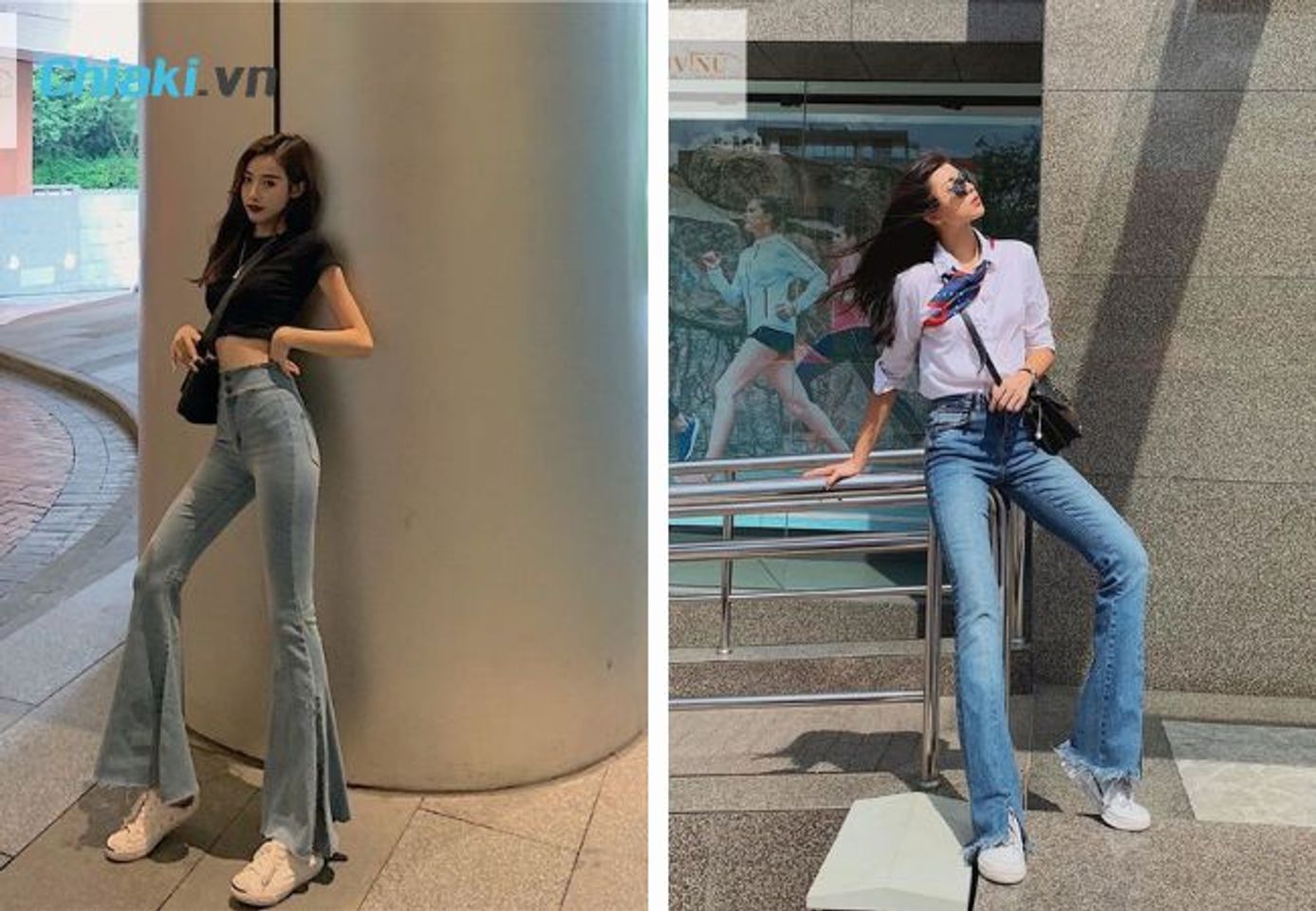 Mix quần ống loe với gi&agrave;y thể thao trắng