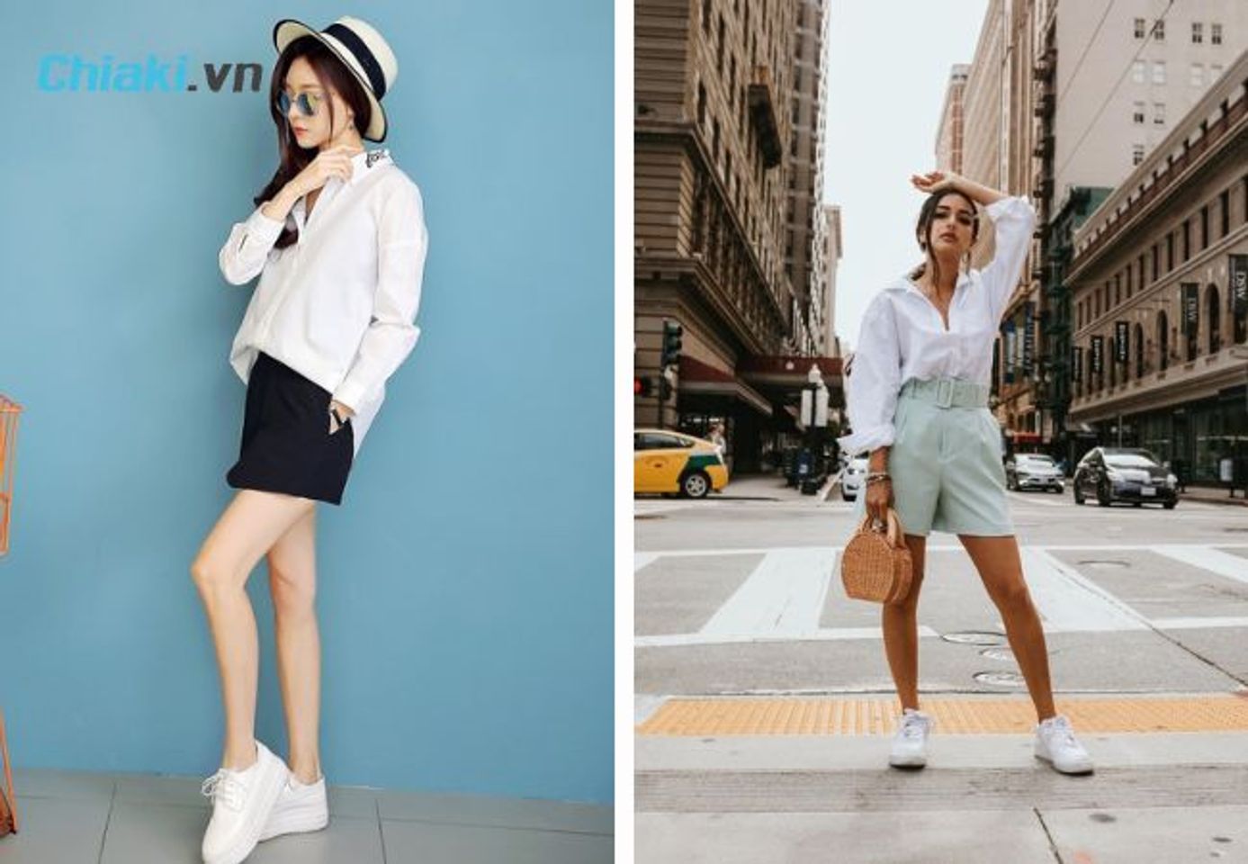 Mix quần short c&ugrave;ng gi&agrave;y thể thao trắng nữ