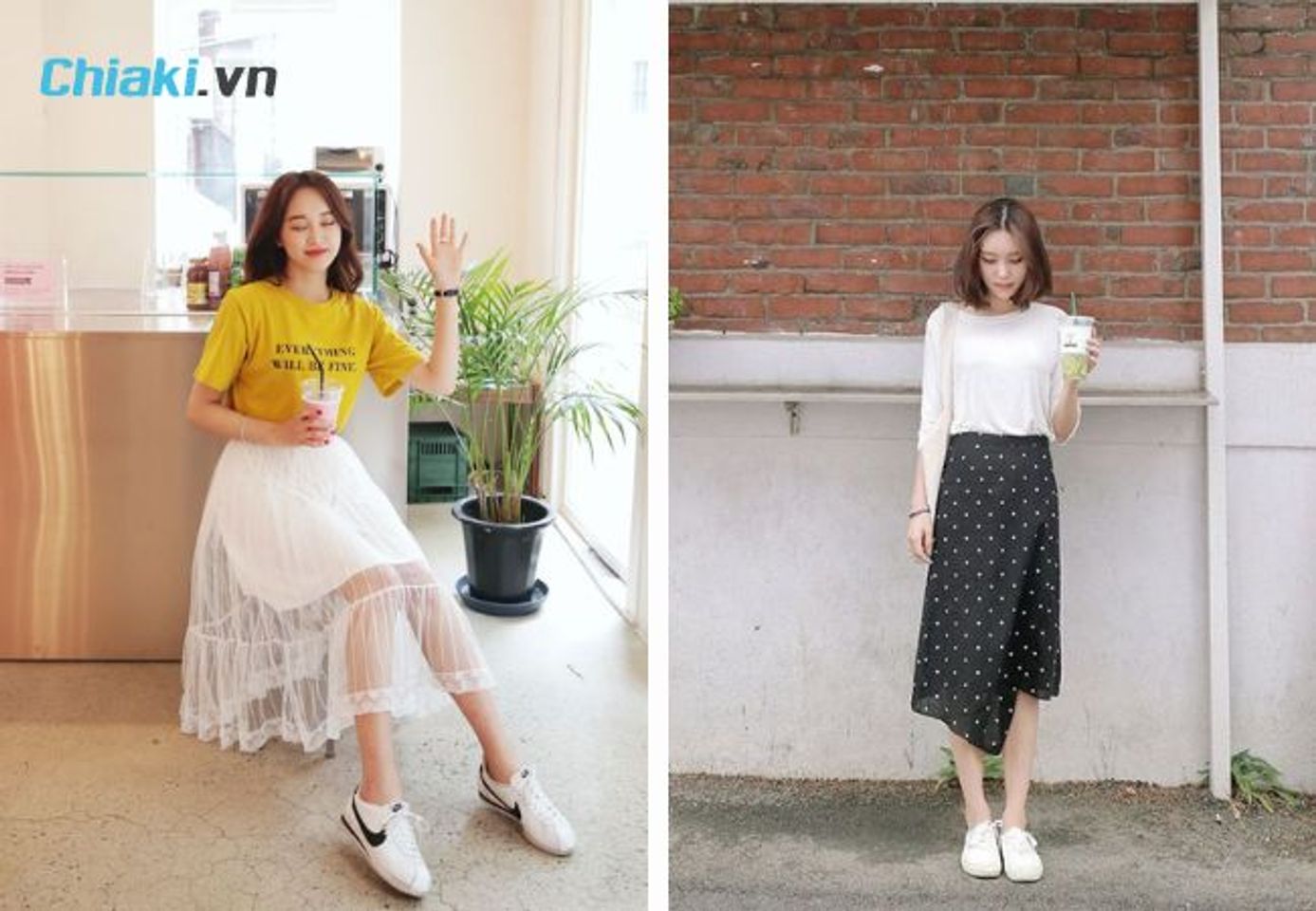 Phối ch&acirc;n v&aacute;y d&agrave;i c&ugrave;ng gi&agrave;y thể thao trắng nữ