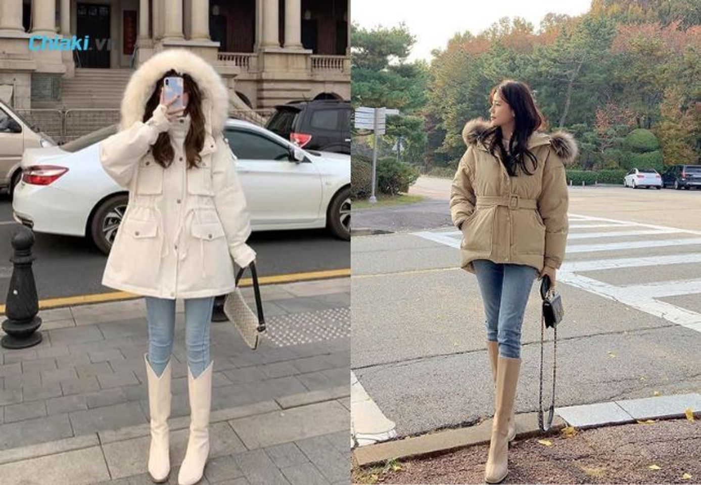 Phối đồ gi&agrave;y boot cao cổ c&ugrave;ng &aacute;o kho&aacute;c phao d&aacute;ng d&agrave;i vừa giữ ấm vừa trendy