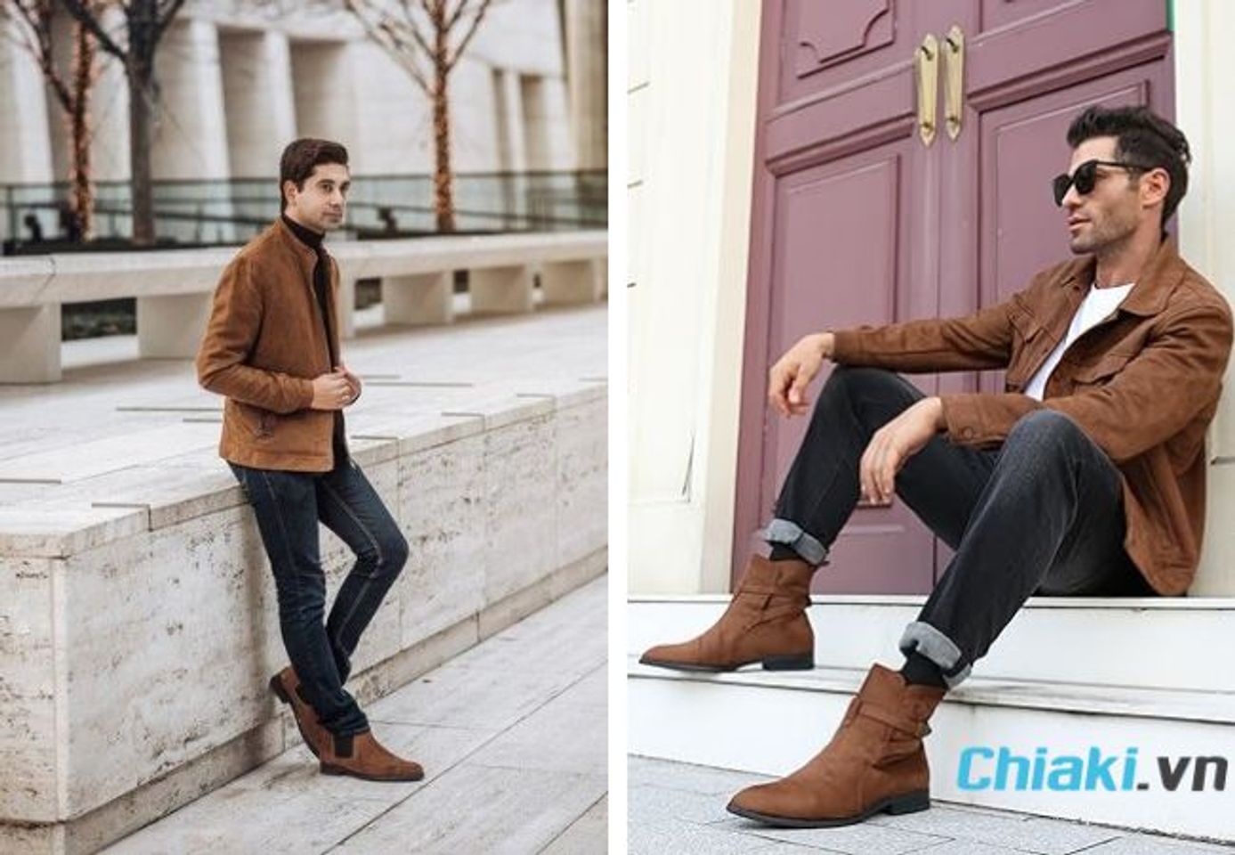 Phối đồ với chelsea boots nam v&agrave; &aacute;o kho&aacute;c da lộn