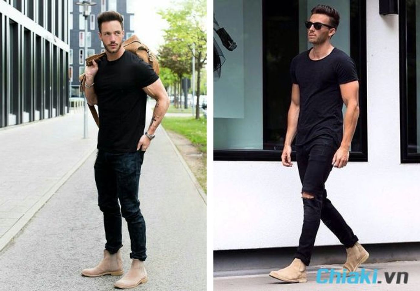 Phối đồ với chelsea boots nam, quần jeans v&agrave; &aacute;o thun