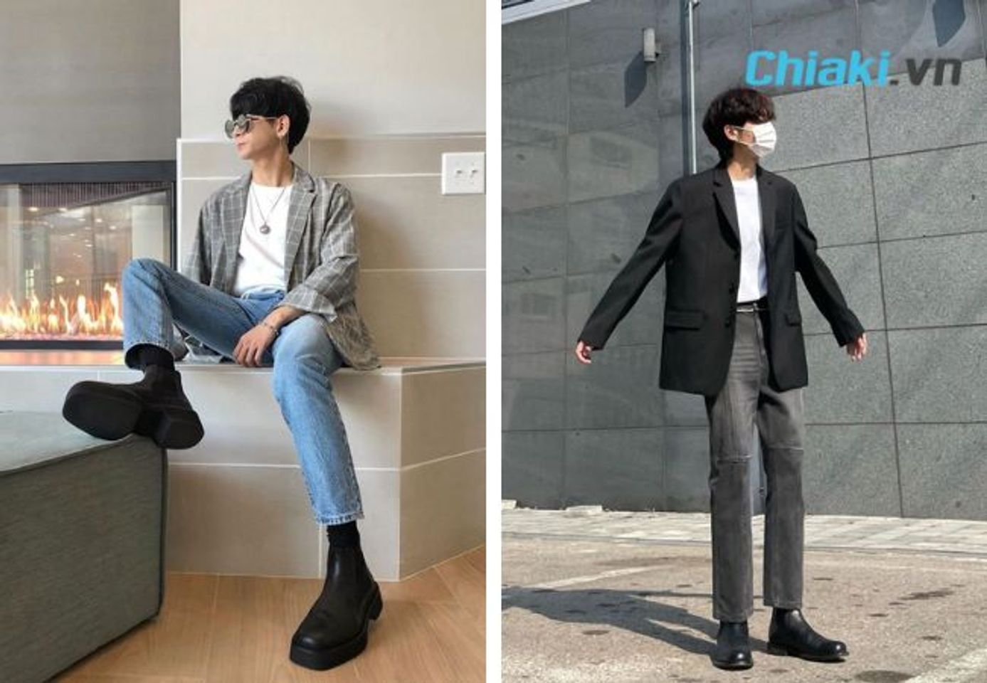 Phối đồ với chelsea boot nam, quần jeans, &aacute;o thun, blazer