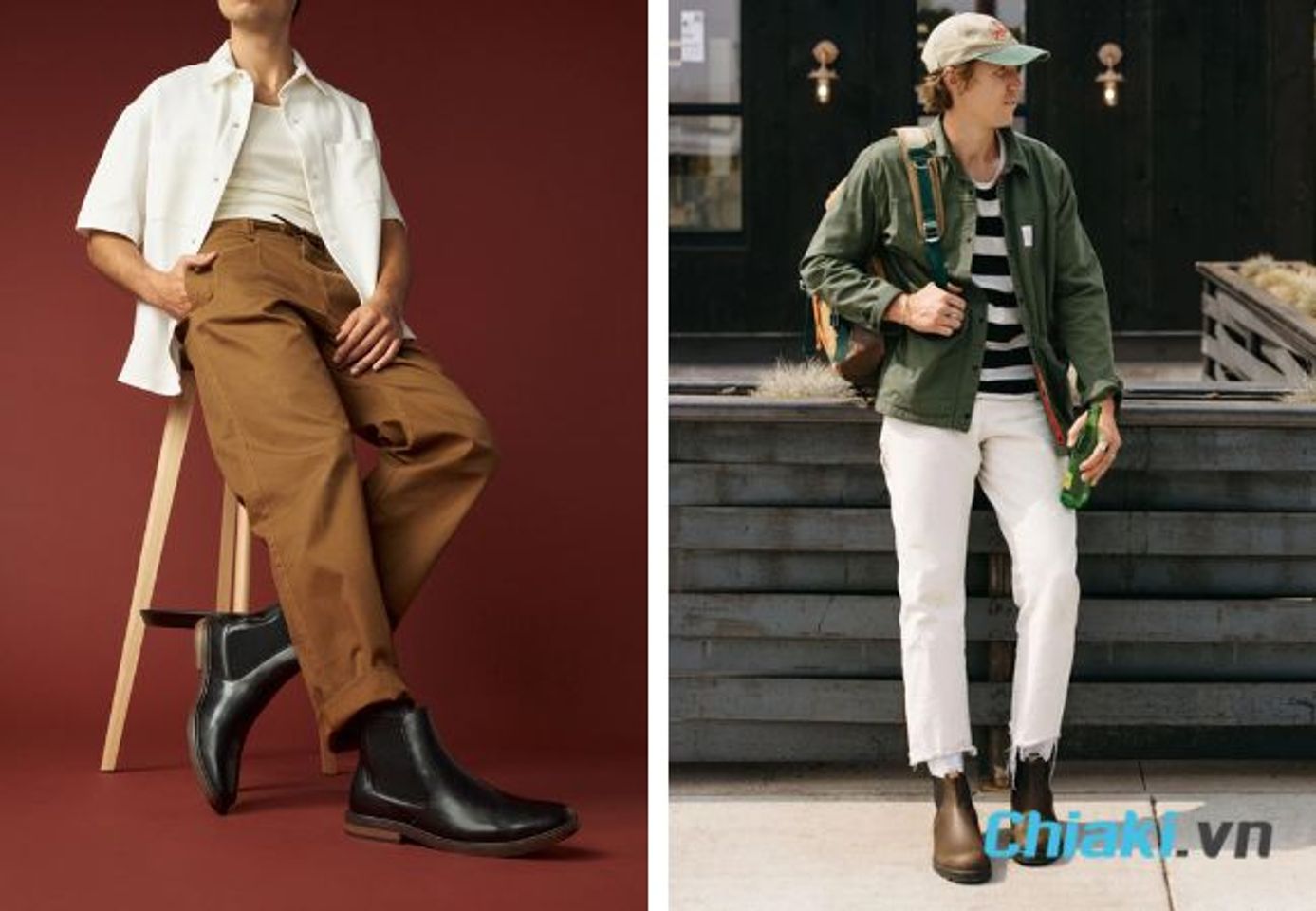 Phối đồ với chelsea boots nam, quần kaki, &aacute;o thun, &aacute;o sơ mi