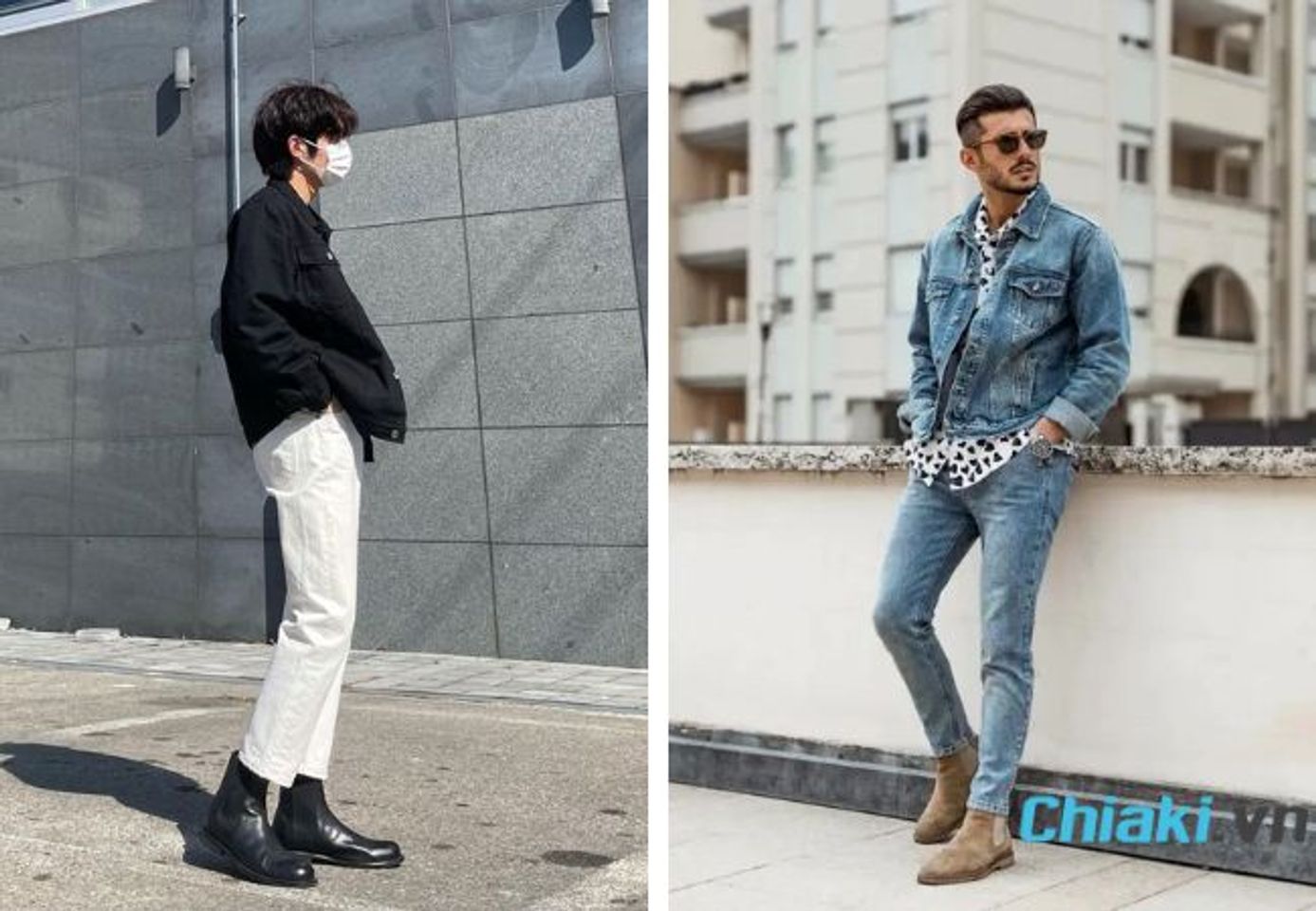 Phối đồ với gi&agrave;y chelsea boots nam v&agrave; denim jacket