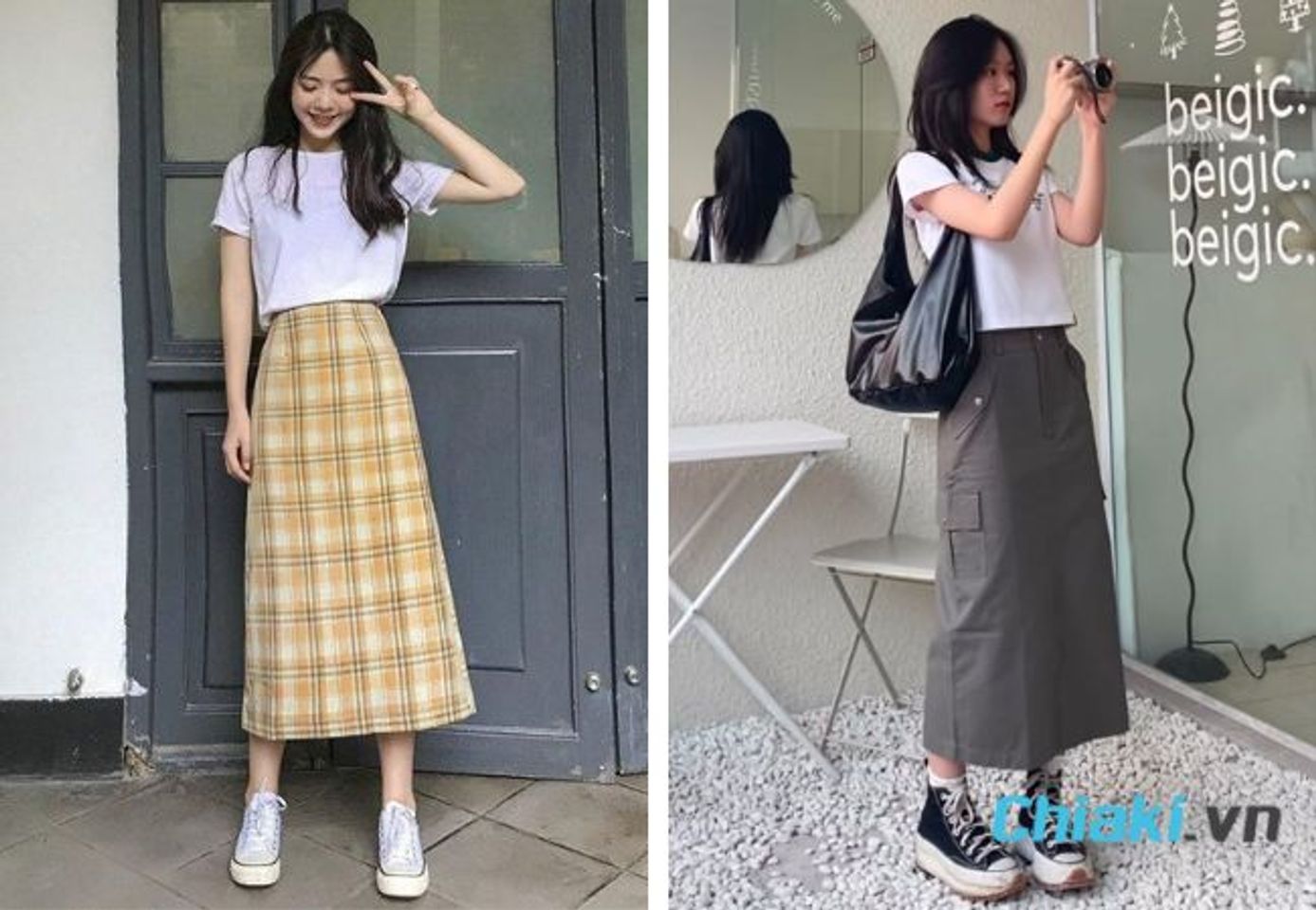 Phối đồ với gi&agrave;y sneaker nữ, ch&acirc;n v&aacute;y d&agrave;i v&agrave; &aacute;o thun