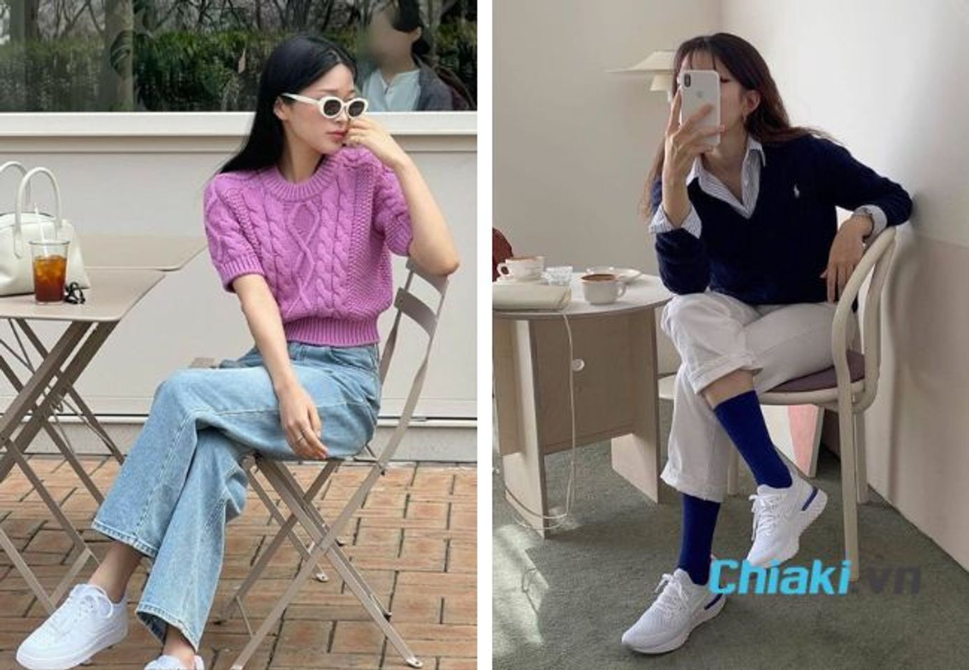 Phối đồ với gi&agrave;y sneaker nữ + quần jeans/kaki + &aacute;o len