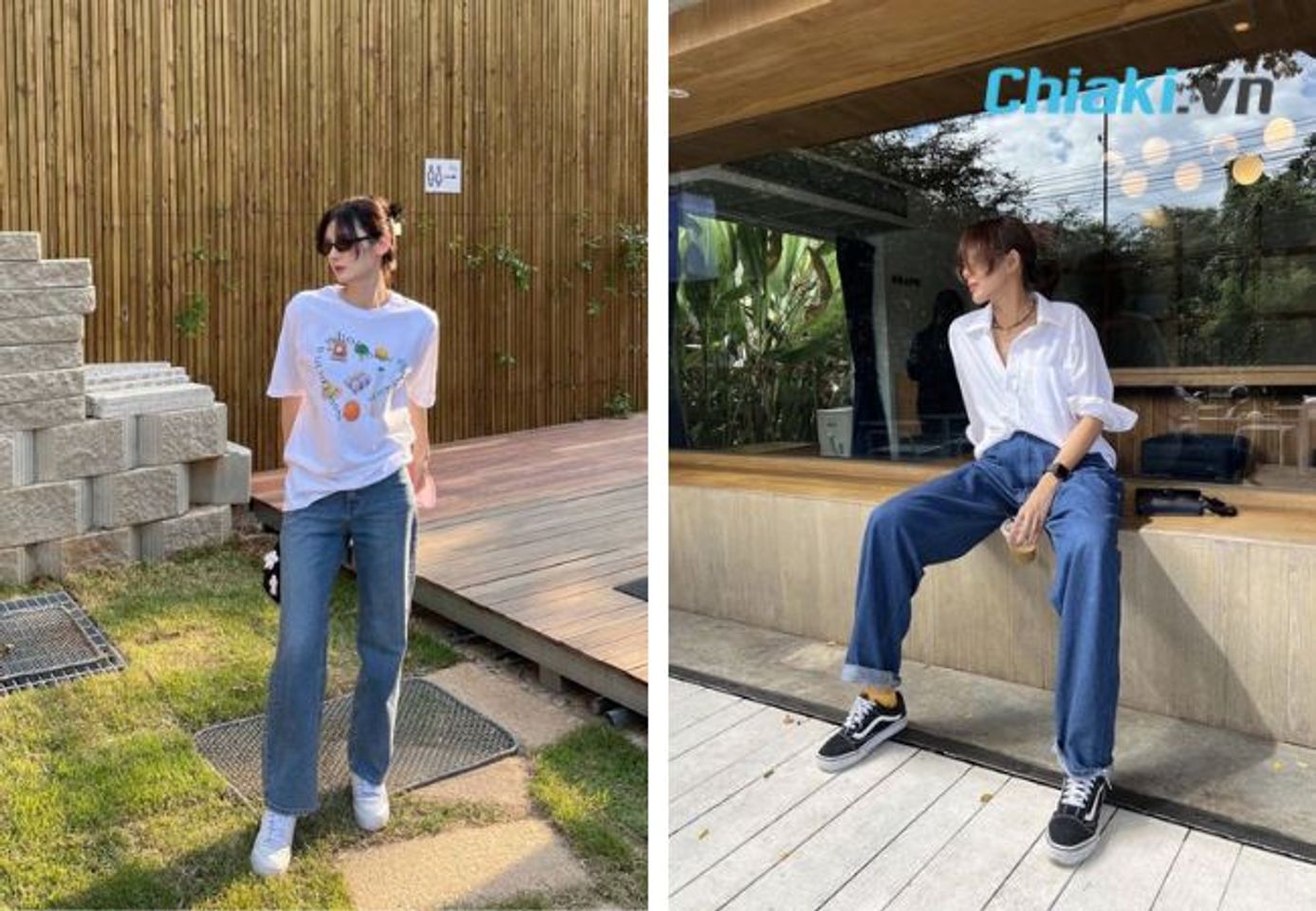 Phối đồ với gi&agrave;y sneaker nữ + quần jeans v&agrave; &aacute;o sơ mi/&aacute;o thun