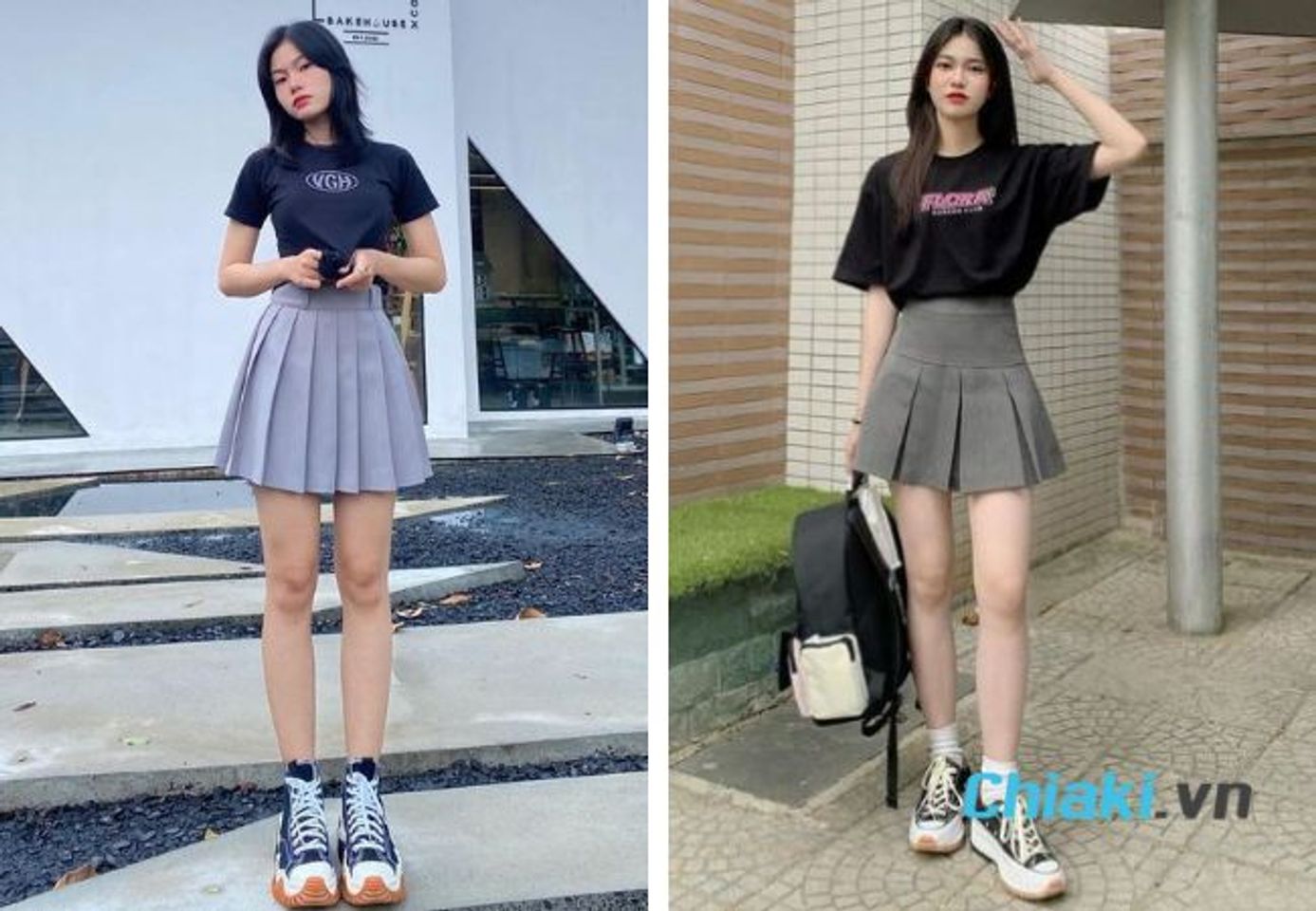 Phối gi&agrave;y sneaker nữ với ch&acirc;n v&aacute;y xếp ly