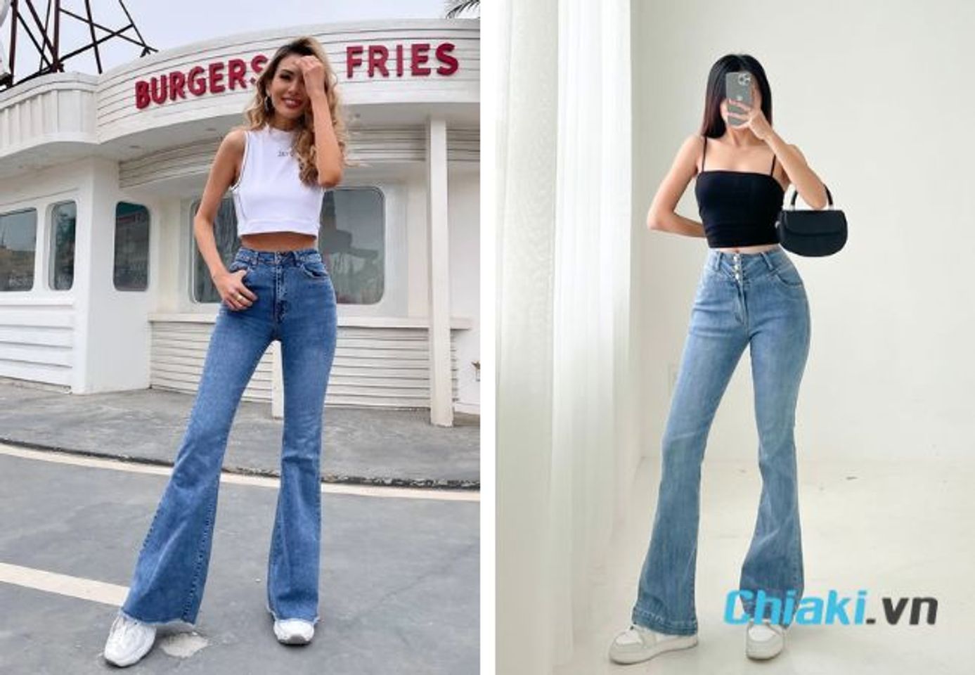 Phối đồ với gi&agrave;y sneaker nữ v&agrave; quần ống loe