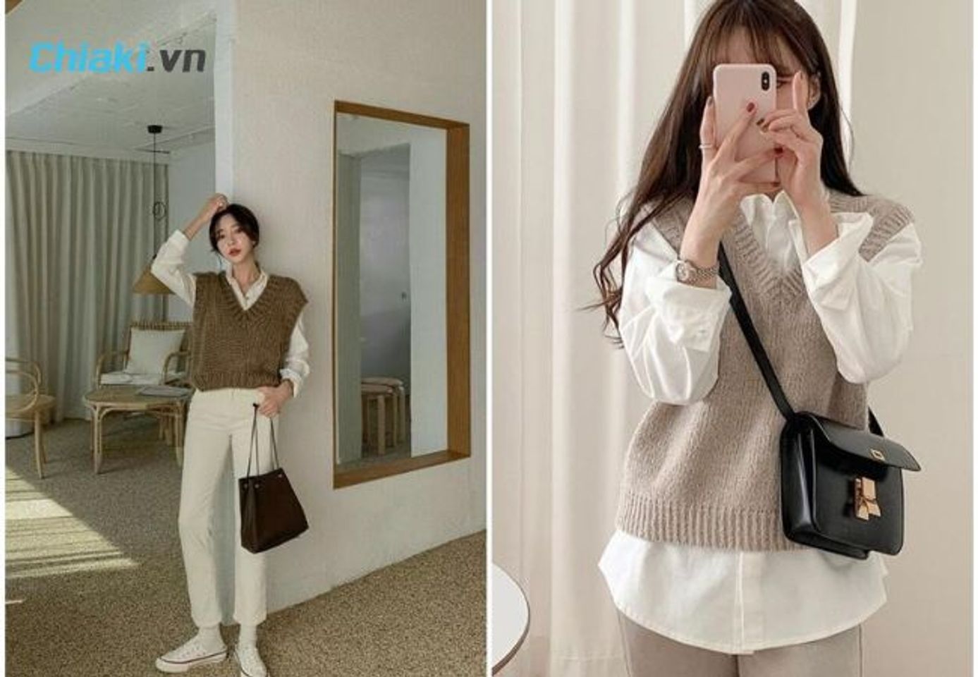 Phối đồ với gi&agrave;y thể thao nữ trắng, set &aacute;o sơ mi v&agrave; gile len